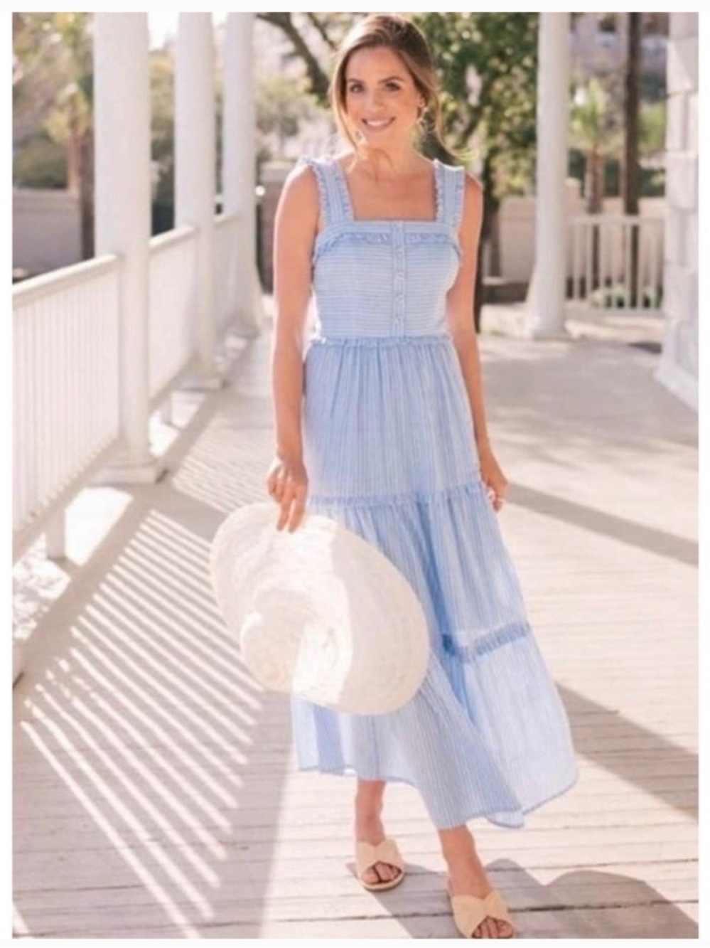 Gal Meets Glam Light Blue Striped Square-Neck Maxi Dress Sz 6